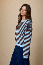 Load image into Gallery viewer, STRIPE RELAXED BACK BUTTON DETAIL KNIT SWEATER: LIGHT BLUE
