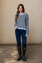 Load image into Gallery viewer, STRIPE RELAXED BACK BUTTON DETAIL KNIT SWEATER: LIGHT BLUE
