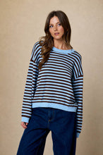 Load image into Gallery viewer, STRIPE RELAXED BACK BUTTON DETAIL KNIT SWEATER: LIGHT BLUE
