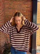 Load image into Gallery viewer, Sweater Drew | Burgundy and Cream Stripe Raw Edge Split Neck Sheer Knit Sweater
