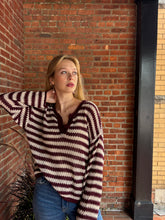Load image into Gallery viewer, Sweater Drew | Burgundy and Cream Stripe Raw Edge Split Neck Sheer Knit Sweater
