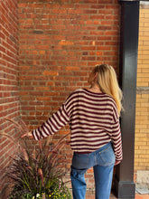 Load image into Gallery viewer, Sweater Drew | Burgundy and Cream Stripe Raw Edge Split Neck Sheer Knit Sweater
