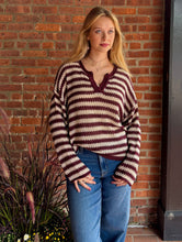 Load image into Gallery viewer, Sweater Drew | Burgundy and Cream Stripe Raw Edge Split Neck Sheer Knit Sweater
