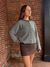 Load image into Gallery viewer, Sweater Logan | Charcoal Stripe Raw Edge Drop Shoulder Knit Cardigan
