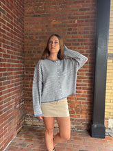 Load image into Gallery viewer, Sweater Logan | Dusty Blue Stripe Raw Edge Drop Shoulder Knit Cardigan
