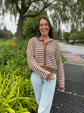 Load image into Gallery viewer, Sweater Scarlett | Brown Textured Stripe Crochet Knit Button Down Cardigan
