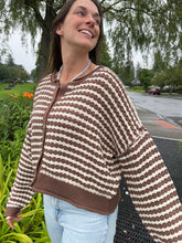 Load image into Gallery viewer, Sweater Scarlett | Brown Textured Stripe Crochet Knit Button Down Cardigan
