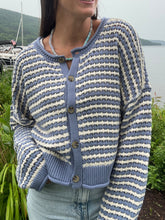 Load image into Gallery viewer, Sweater Scarlett | Dusty Blue Textured Stripe Crochet Knit Button Down Cardigan
