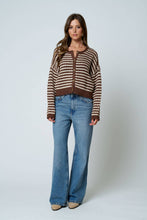 Load image into Gallery viewer, TEXTURED STRIPE CROCHET KNIT BUTTON DOWN CARDIGAN : BROWN
