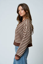 Load image into Gallery viewer, TEXTURED STRIPE CROCHET KNIT BUTTON DOWN CARDIGAN : BROWN
