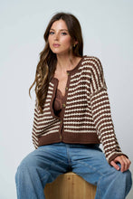 Load image into Gallery viewer, TEXTURED STRIPE CROCHET KNIT BUTTON DOWN CARDIGAN : BROWN
