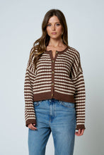 Load image into Gallery viewer, TEXTURED STRIPE CROCHET KNIT BUTTON DOWN CARDIGAN : BROWN
