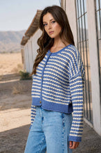 Load image into Gallery viewer, TEXTURED STRIPE CROCHET KNIT BUTTON DOWN CARDIGAN : DUSTY BLUE
