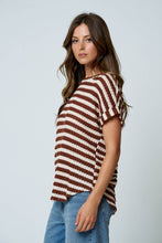 Load image into Gallery viewer, TEXTURED STRIPE ROUND NECK DOLMAN SLEEVE KNIT TOP: BROWN
