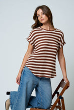Load image into Gallery viewer, TEXTURED STRIPE ROUND NECK DOLMAN SLEEVE KNIT TOP: BROWN
