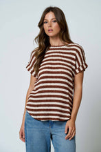 Load image into Gallery viewer, TEXTURED STRIPE ROUND NECK DOLMAN SLEEVE KNIT TOP: BROWN
