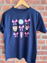 Load image into Gallery viewer, Graphic Baseball Baseball Bow Collage | Navy Youth Graphic Tee
