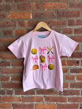 Load image into Gallery viewer, Graphic Baseball Softball Bow Collage | Pink Youth Graphic Tee
