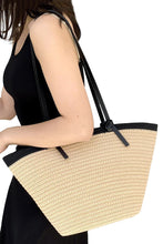 Load image into Gallery viewer, Bags Black Vegan Leather Trim Braided Beach Tote Bag
