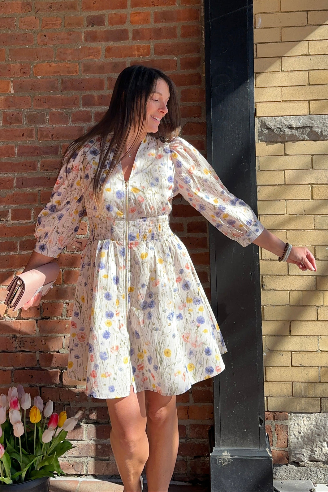 Emry | Cream Floral Zip Dress – Bridgette & Main