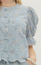 Load image into Gallery viewer, Tops Penelope | Chambray Floral Embroidered Top
