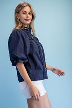 Load image into Gallery viewer, Tops Michelle | Navy Eyelet Button Down Blouse
