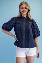Load image into Gallery viewer, Tops Michelle | Navy Eyelet Button Down Blouse
