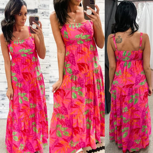 XS | Pink Tropical Leaf Tiered Maxi Dress