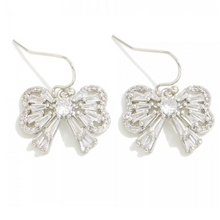 Load image into Gallery viewer, Jewelry Silver Rhinestone Studded Bow Drop Earrings
