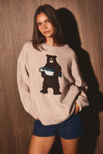 Load image into Gallery viewer, "BEAR WITH SALMON" GRAPHIC LONG SLEEVE CREW NECK SWEATER: TAUPE / L
