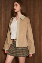 Load image into Gallery viewer, SHACKET WITH GINGHAM CONTRAST DETAILING: TAUPE-OLIVE GINGHAM / M
