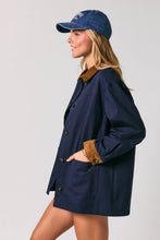 Load image into Gallery viewer, TWILL &amp; PLAID REVERSIBLE CORDUROY COLLAR BARN JACKET: NAVY-BROWN / L
