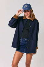 Load image into Gallery viewer, TWILL &amp; PLAID REVERSIBLE CORDUROY COLLAR BARN JACKET: NAVY-BROWN / L
