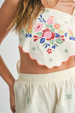 Load image into Gallery viewer, One PC And Sets Embroidered Scarf Top Pant Set | Beige
