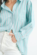 Load image into Gallery viewer, Tops Cindy | Aqua | Stripped button down shirt
