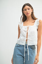 Load image into Gallery viewer, Tops Nora | White Sleeveless 3D Floral Tie Front Top | Large
