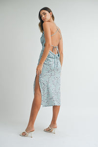 Kiley | Blue Satin floral print back lace up strap cowl neck midi dress