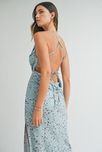 Load image into Gallery viewer, Kiley | Blue Satin floral print back lace up strap cowl neck midi dress
