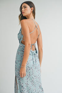 Kiley | Blue Satin floral print back lace up strap cowl neck midi dress