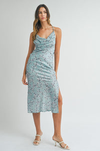 Kiley | Blue Satin floral print back lace up strap cowl neck midi dress