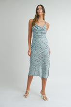 Load image into Gallery viewer, Kiley | Blue Satin floral print back lace up strap cowl neck midi dress
