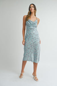 Kiley | Blue Satin floral print back lace up strap cowl neck midi dress