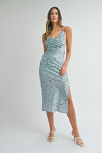 Load image into Gallery viewer, Kiley | Blue Satin floral print back lace up strap cowl neck midi dress
