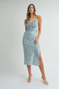 Kiley | Blue Satin floral print back lace up strap cowl neck midi dress