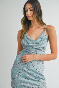 Kiley | Blue Satin floral print back lace up strap cowl neck midi dress