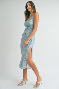 Kiley | Blue Satin floral print back lace up strap cowl neck midi dress