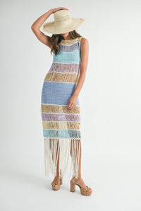 Luna | Fringe Crochet Midi Dress In Periwinkle