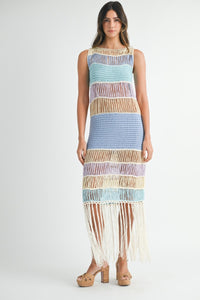 Luna | Fringe Crochet Midi Dress In Periwinkle