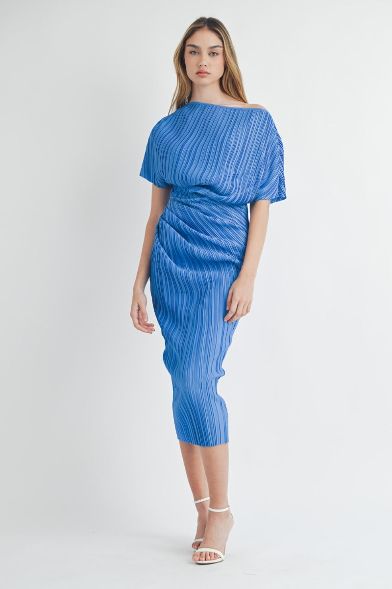 Cynthia | Blue | One shoulder pleated midi dress