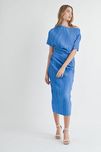 Cynthia | Blue | One shoulder pleated midi dress